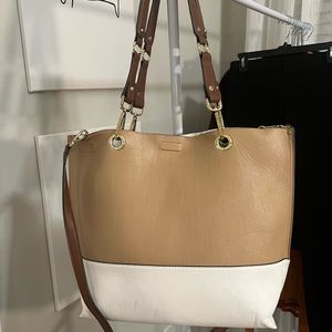 Calvin Klein Tan & White Reversible Leather Tote with Accessory Bag